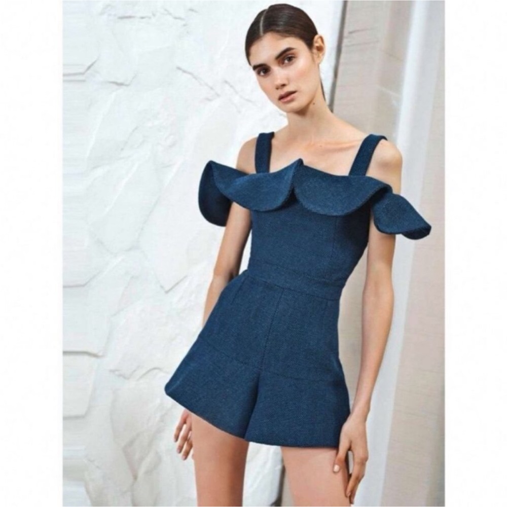 ALEXIS Navy Off-Shoulder Ruffle Romper Size XS